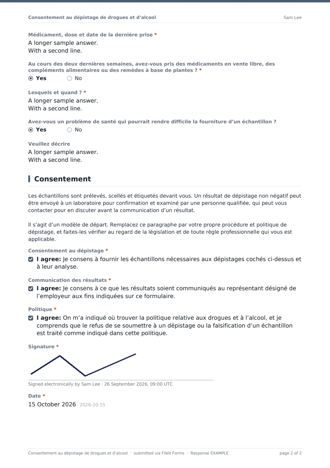 Consentement au dépistage de drogues et d’alcool — exemple de réponse au format PDF, page 2 sur 2