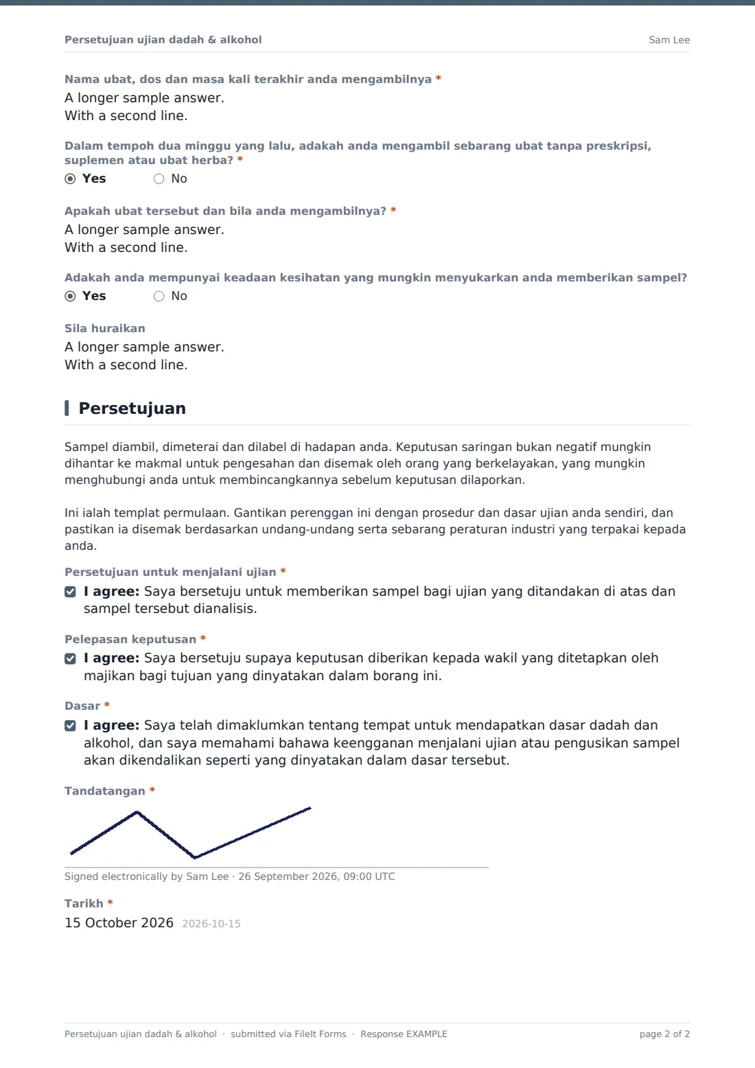 Persetujuan ujian dadah & alkohol — PDF respons contoh, halaman 2 daripada 2