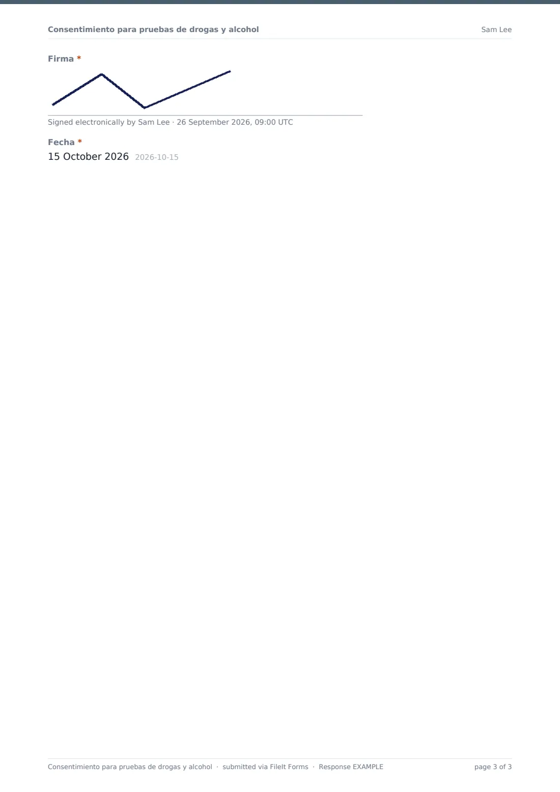 Consentimiento para pruebas de drogas y alcohol — PDF de respuesta de ejemplo, página 3 de 3