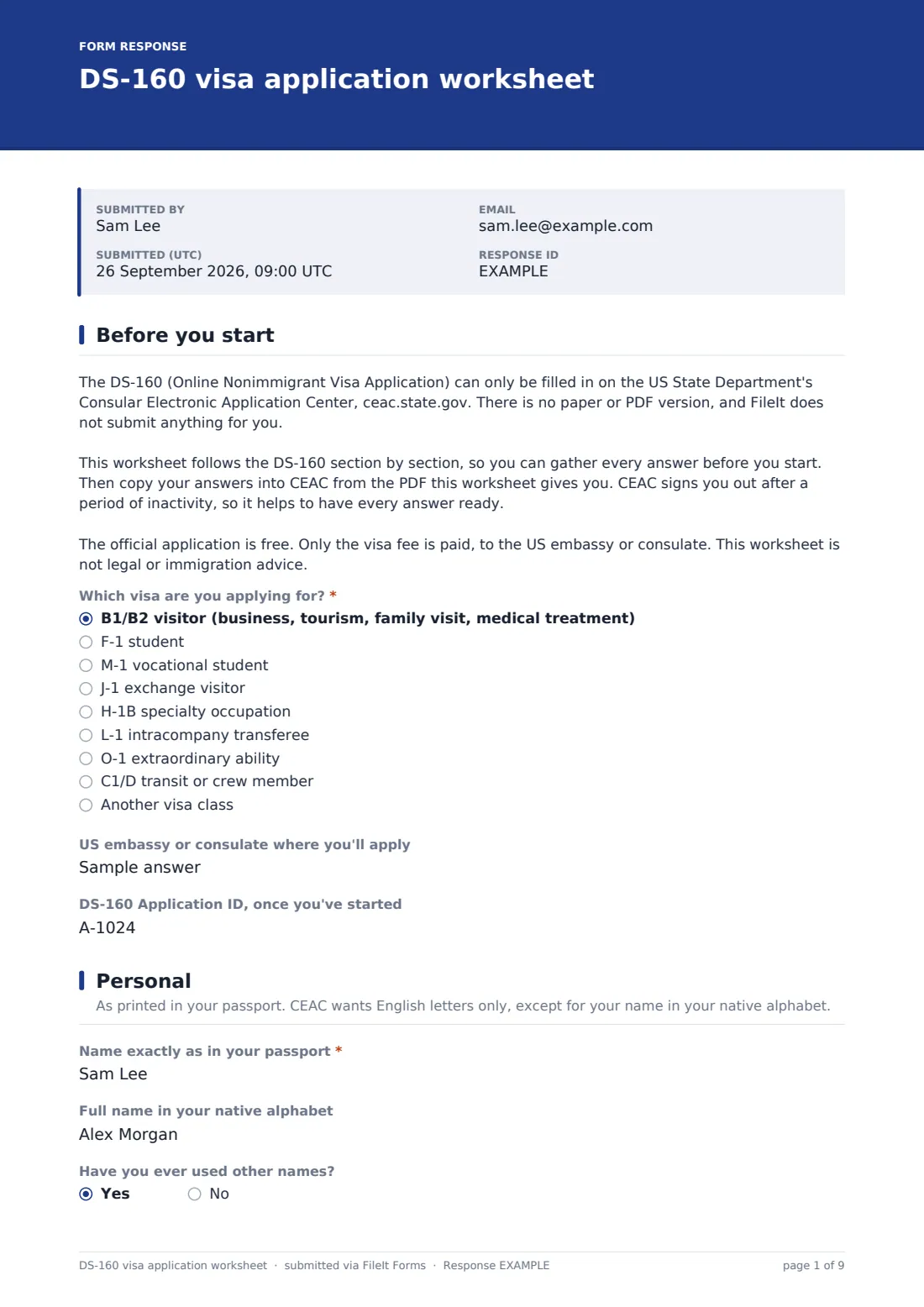 DS-160 visa application worksheet — example response PDF, page 1 of 9