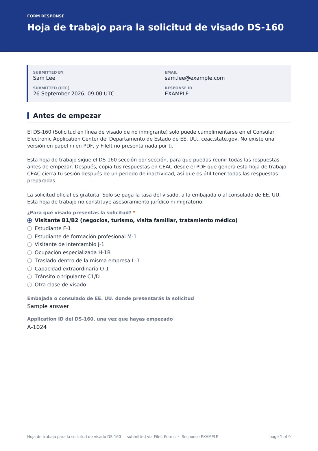 Hoja de trabajo para la solicitud de visado DS-160 — PDF de respuesta de ejemplo, página 1 de 9