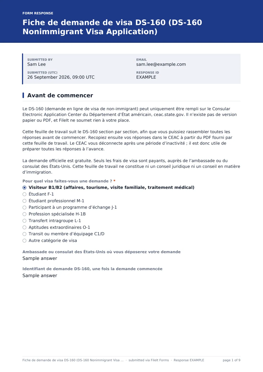 Fiche de demande de visa DS-160 (DS-160 Nonimmigrant Visa Application) — exemple de réponse au format PDF, page 1 sur 9