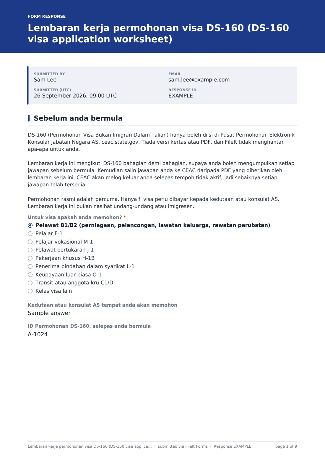 Lembaran kerja permohonan visa DS-160 (DS-160 visa application worksheet) — PDF respons contoh, halaman 1 daripada 9