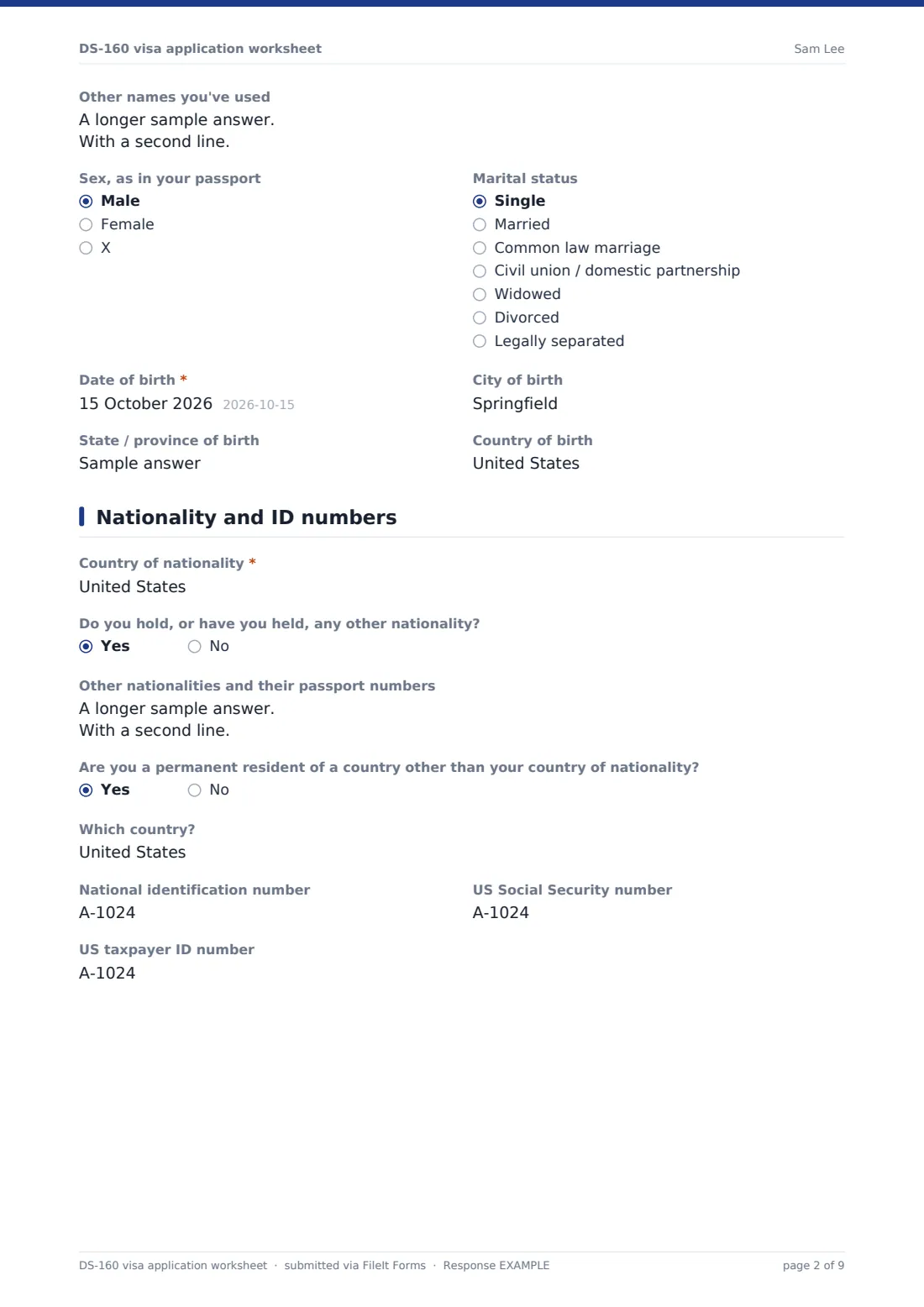 DS-160 visa application worksheet — example response PDF, page 2 of 9