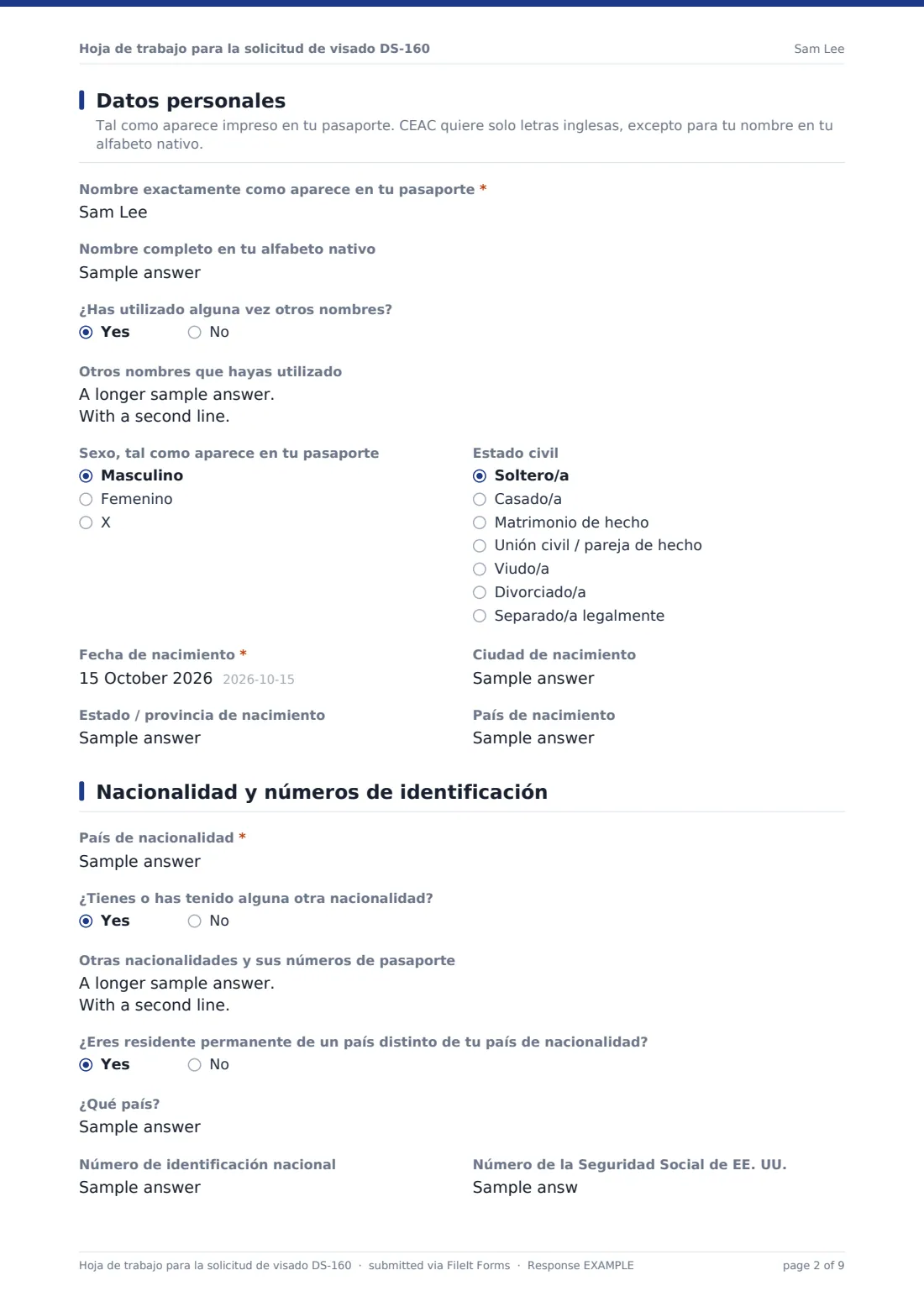 Hoja de trabajo para la solicitud de visado DS-160 — PDF de respuesta de ejemplo, página 2 de 9