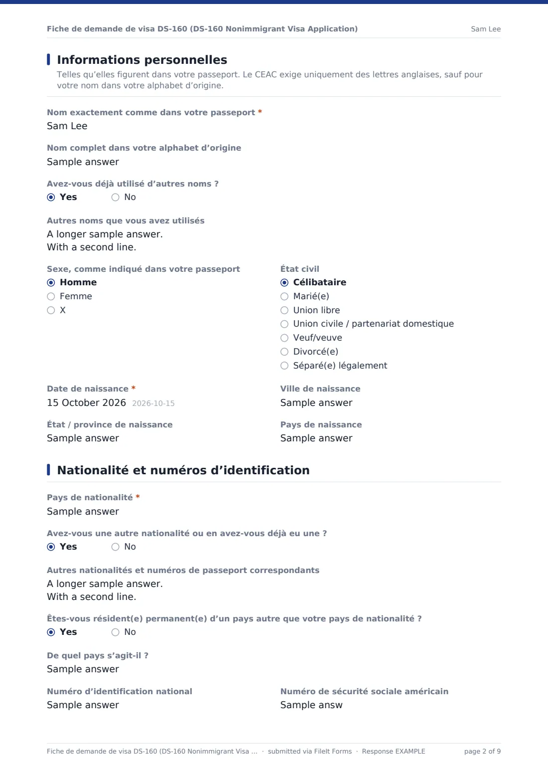 Fiche de demande de visa DS-160 (DS-160 Nonimmigrant Visa Application) — exemple de réponse au format PDF, page 2 sur 9