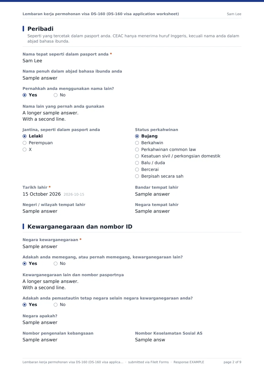 Lembaran kerja permohonan visa DS-160 (DS-160 visa application worksheet) — PDF respons contoh, halaman 2 daripada 9