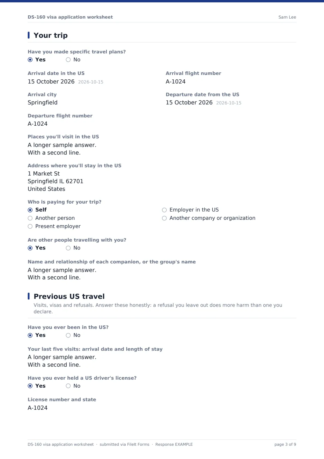 DS-160 visa application worksheet — example response PDF, page 3 of 9