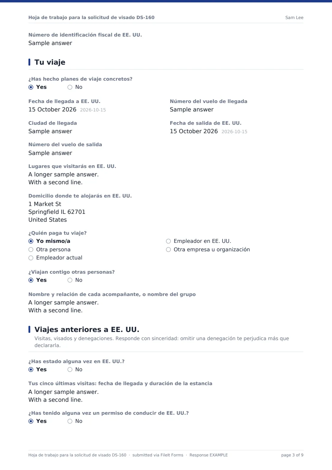 Hoja de trabajo para la solicitud de visado DS-160 — PDF de respuesta de ejemplo, página 3 de 9