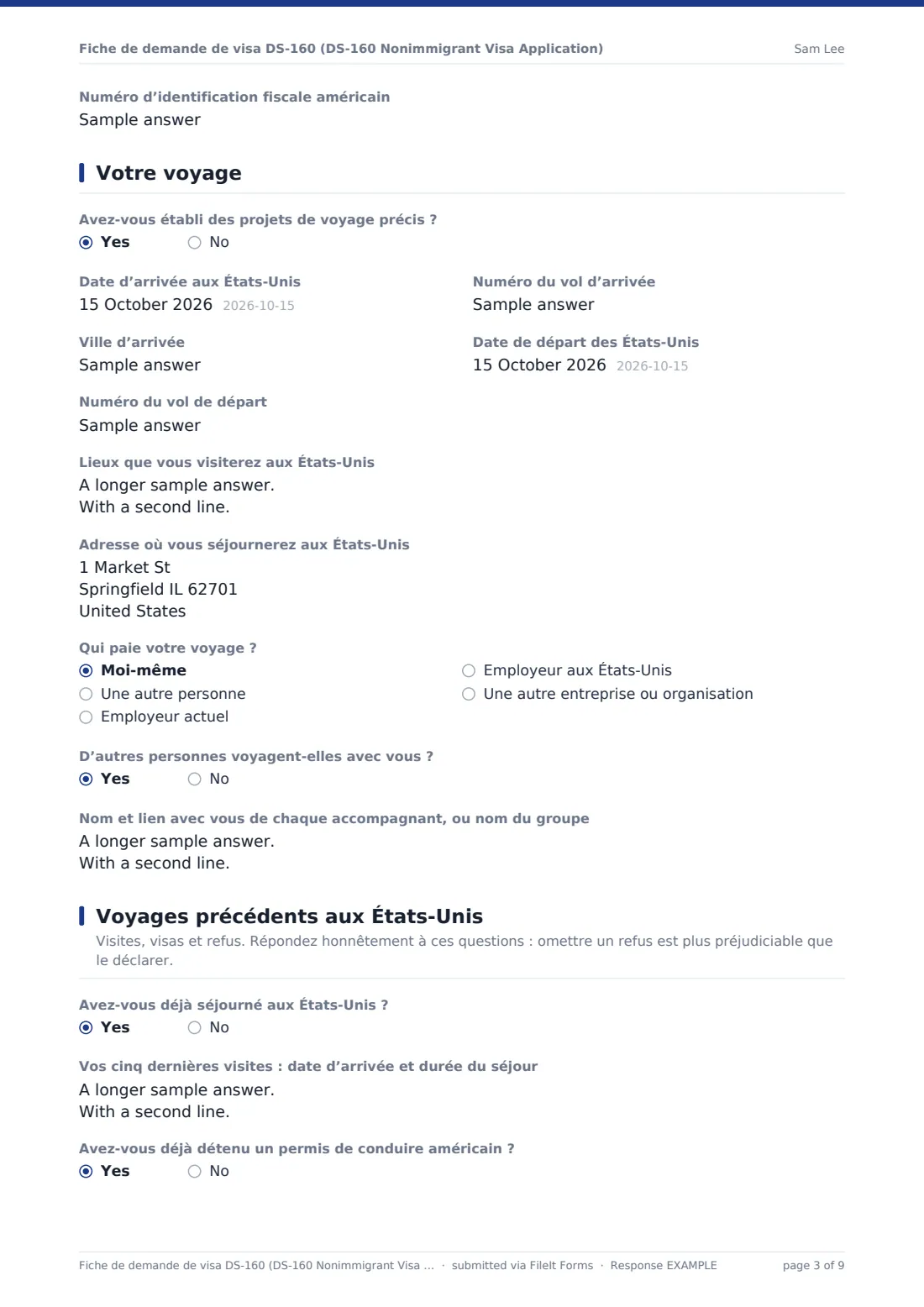 Fiche de demande de visa DS-160 (DS-160 Nonimmigrant Visa Application) — exemple de réponse au format PDF, page 3 sur 9