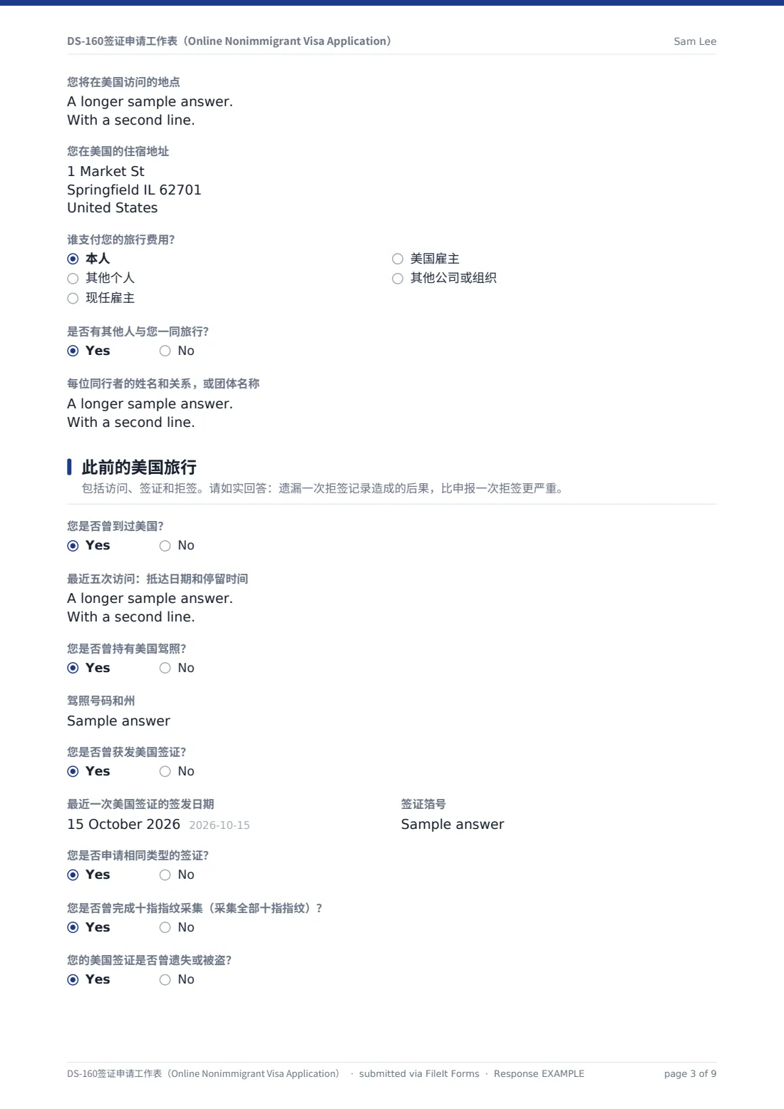DS-160签证申请工作表（Online Nonimmigrant Visa Application） — 示例回复 PDF，第 3 页，共 9 页