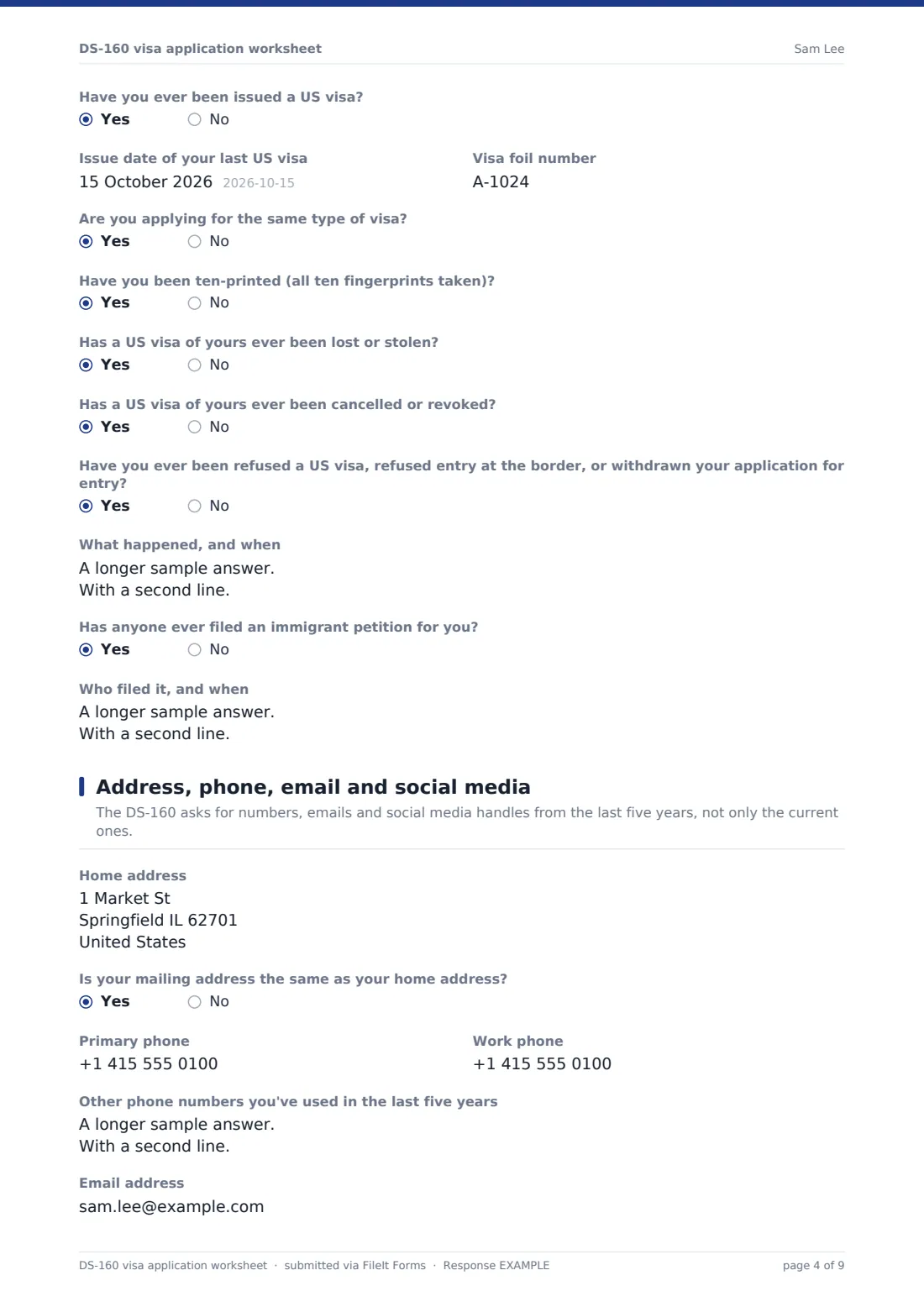 DS-160 visa application worksheet — example response PDF, page 4 of 9