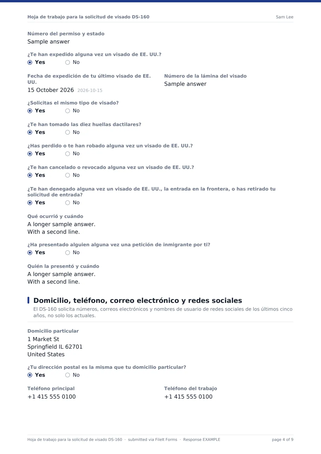 Hoja de trabajo para la solicitud de visado DS-160 — PDF de respuesta de ejemplo, página 4 de 9