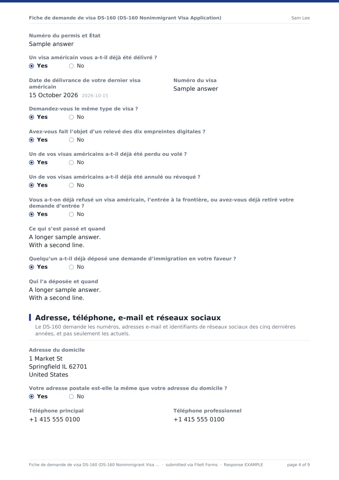 Fiche de demande de visa DS-160 (DS-160 Nonimmigrant Visa Application) — exemple de réponse au format PDF, page 4 sur 9
