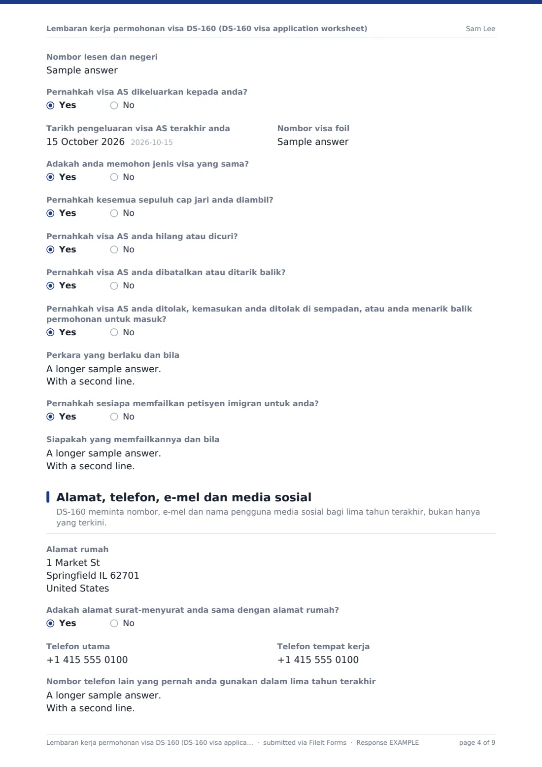 Lembaran kerja permohonan visa DS-160 (DS-160 visa application worksheet) — PDF respons contoh, halaman 4 daripada 9