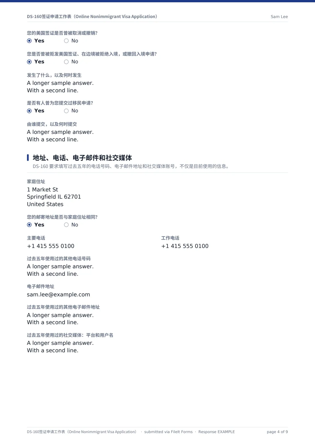 DS-160签证申请工作表（Online Nonimmigrant Visa Application） — 示例回复 PDF，第 4 页，共 9 页