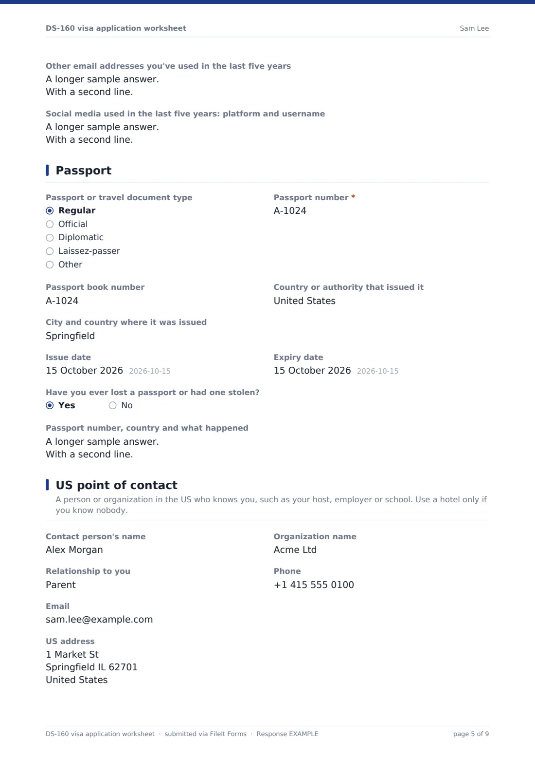 DS-160 visa application worksheet — example response PDF, page 5 of 9