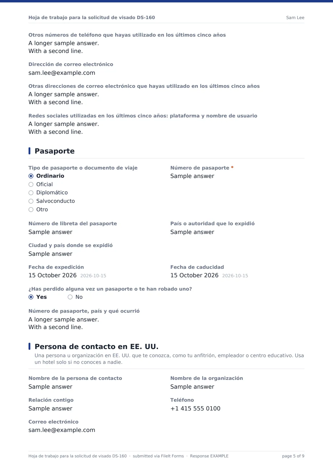 Hoja de trabajo para la solicitud de visado DS-160 — PDF de respuesta de ejemplo, página 5 de 9