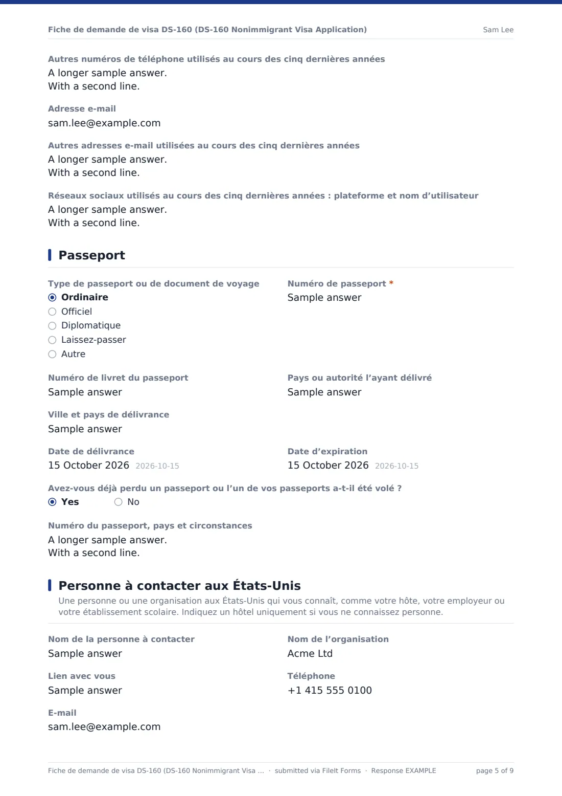 Fiche de demande de visa DS-160 (DS-160 Nonimmigrant Visa Application) — exemple de réponse au format PDF, page 5 sur 9