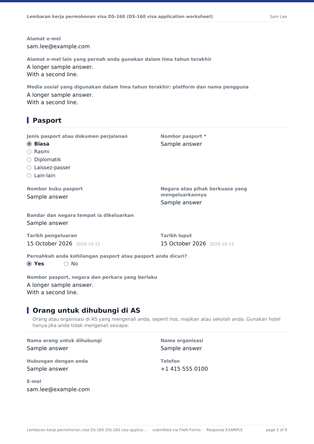 Lembaran kerja permohonan visa DS-160 (DS-160 visa application worksheet) — PDF respons contoh, halaman 5 daripada 9