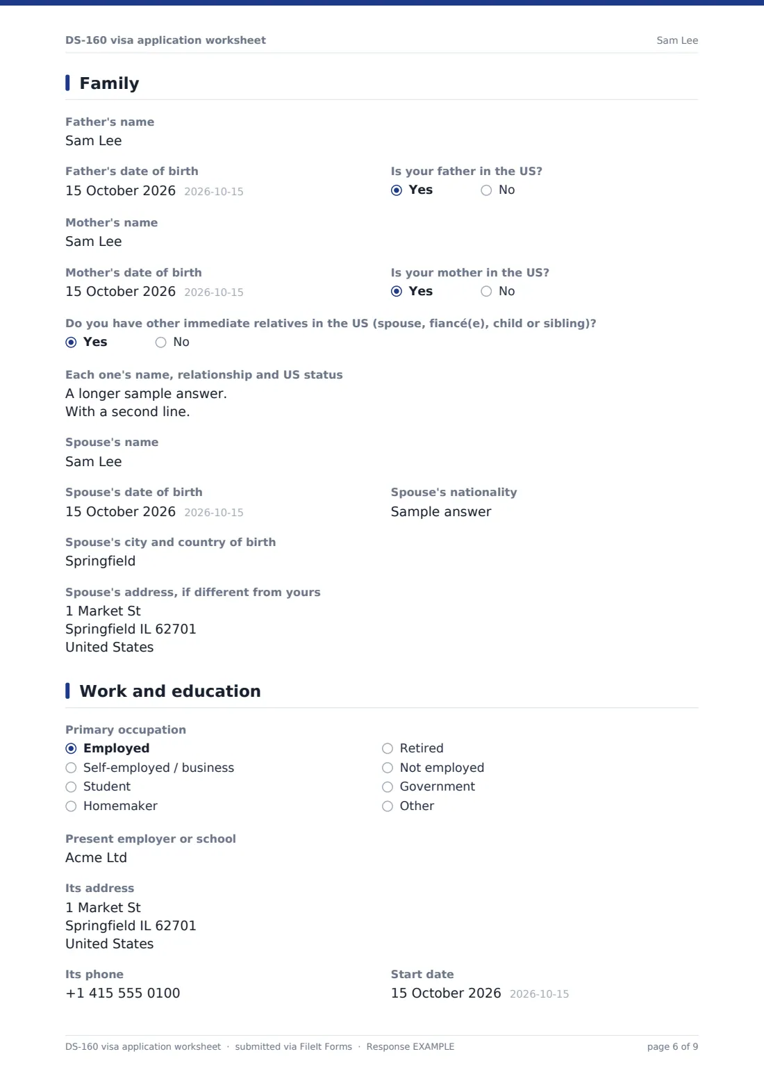 DS-160 visa application worksheet — example response PDF, page 6 of 9
