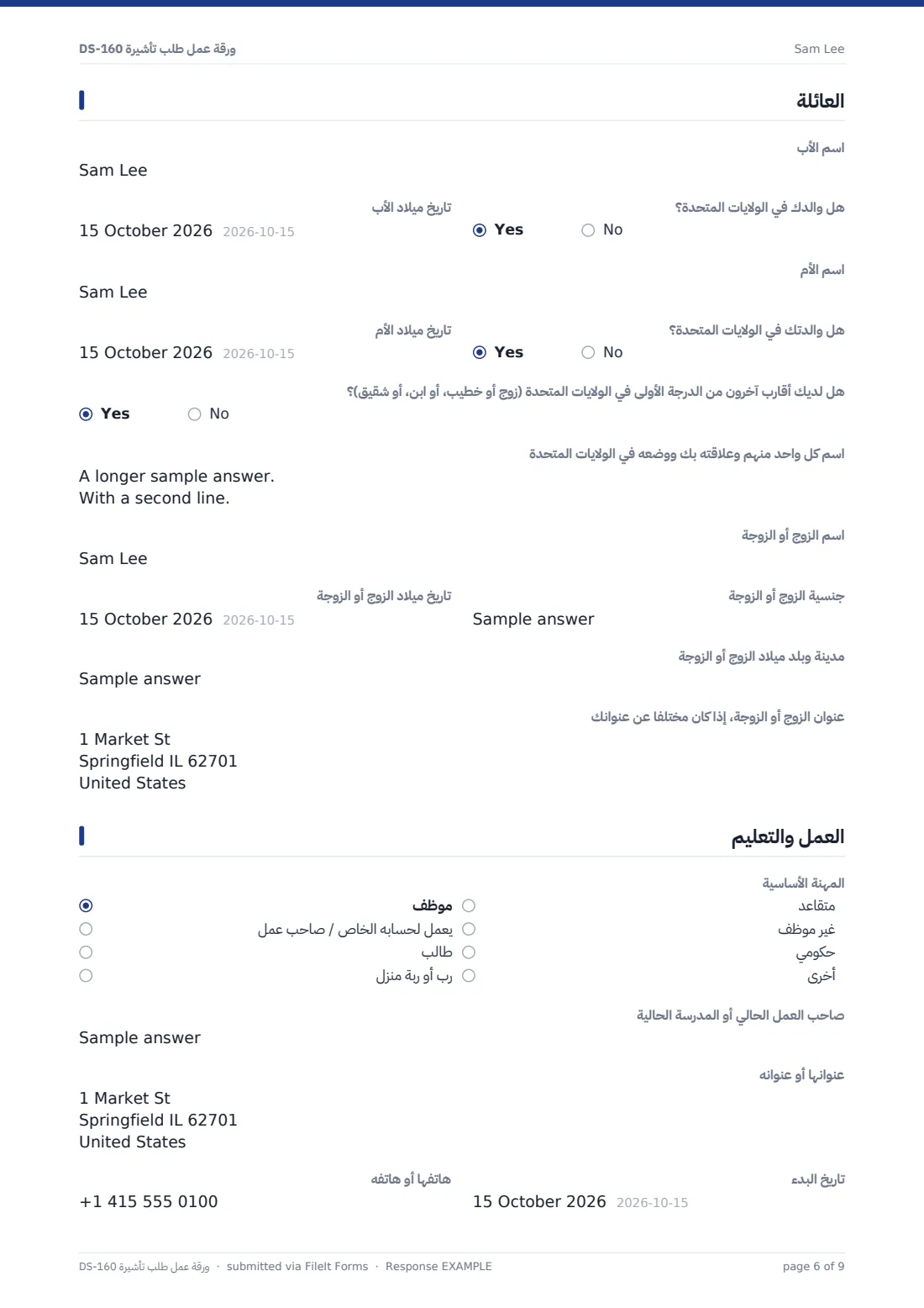 ورقة عمل طلب تأشيرة DS-160 — ملف PDF لرد نموذجي، الصفحة 6 من 9