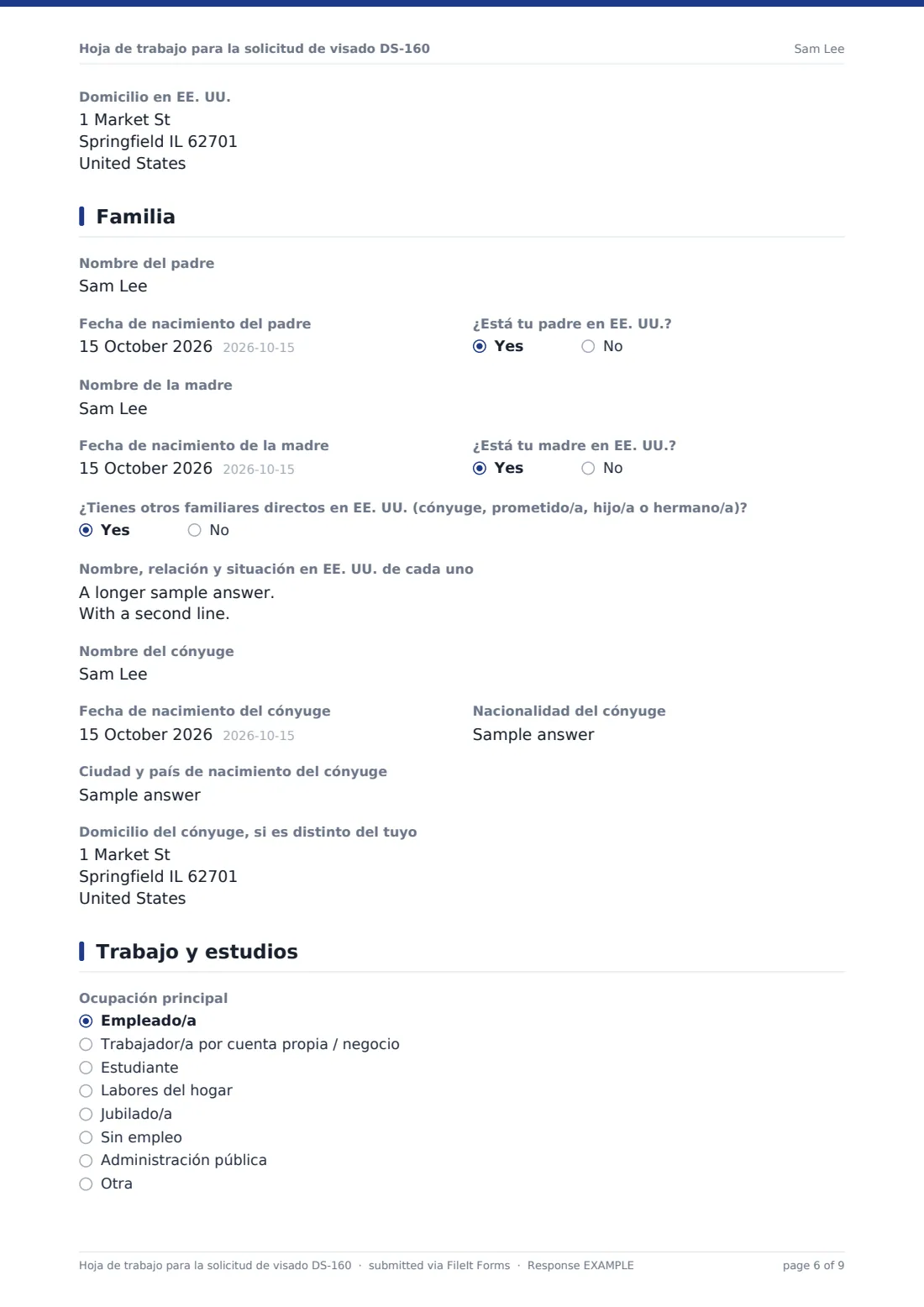 Hoja de trabajo para la solicitud de visado DS-160 — PDF de respuesta de ejemplo, página 6 de 9