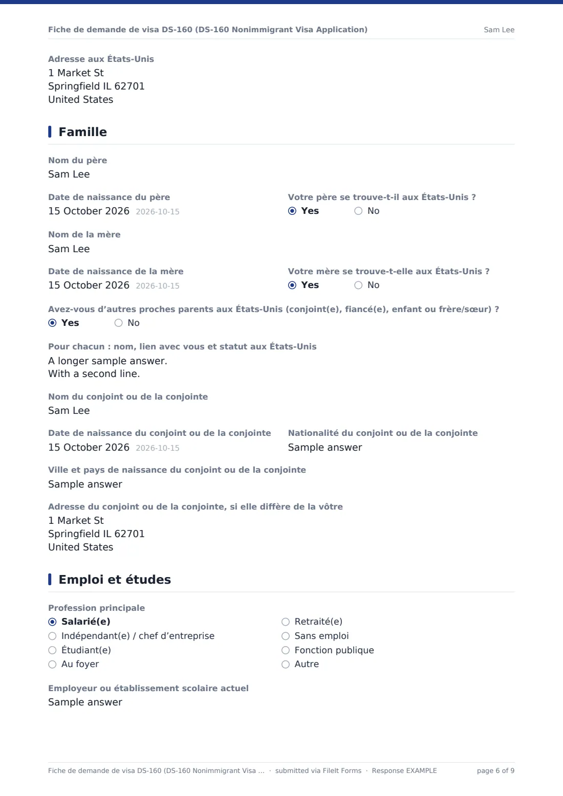 Fiche de demande de visa DS-160 (DS-160 Nonimmigrant Visa Application) — exemple de réponse au format PDF, page 6 sur 9