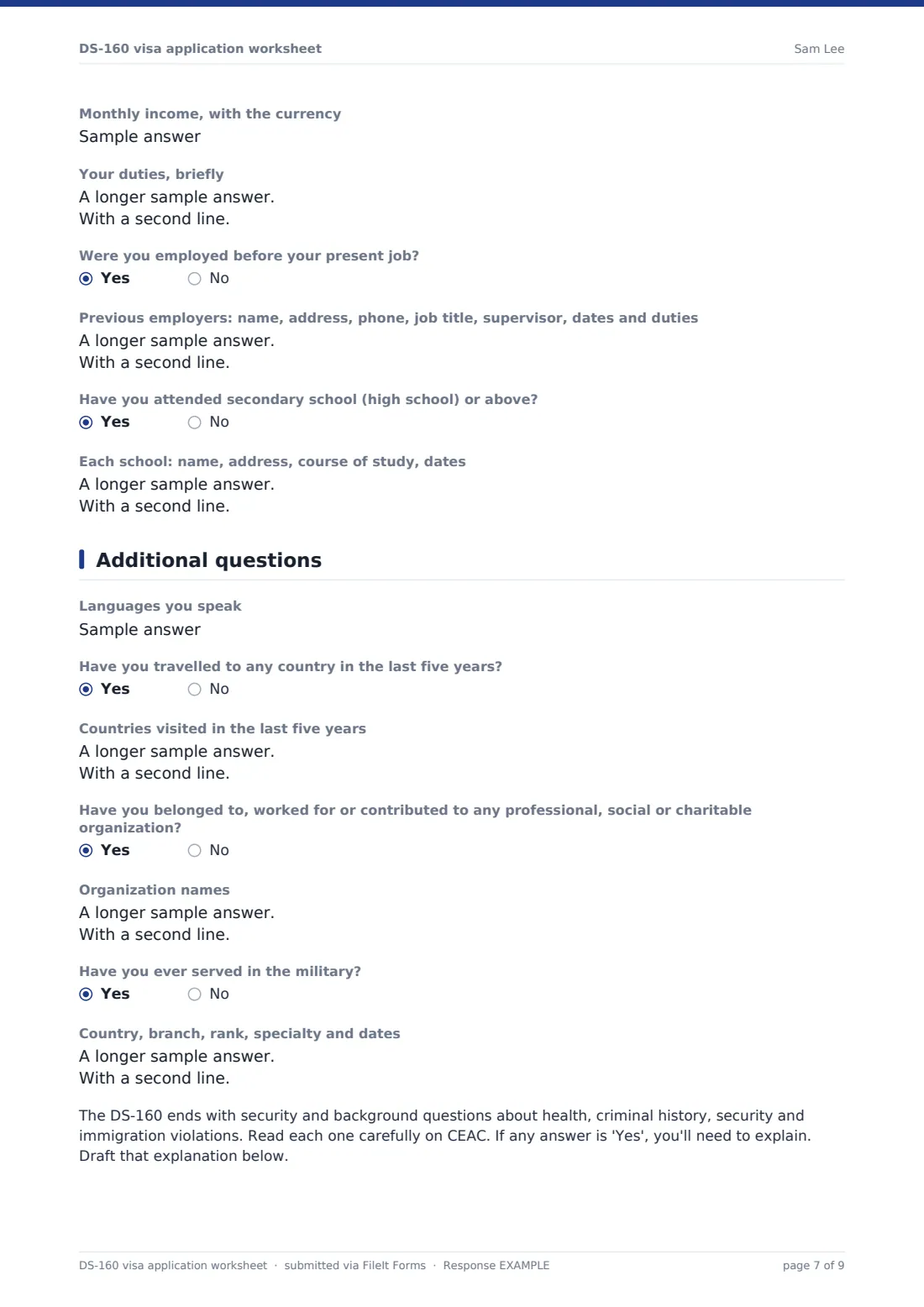 DS-160 visa application worksheet — example response PDF, page 7 of 9