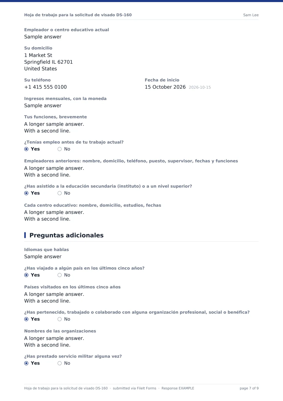 Hoja de trabajo para la solicitud de visado DS-160 — PDF de respuesta de ejemplo, página 7 de 9