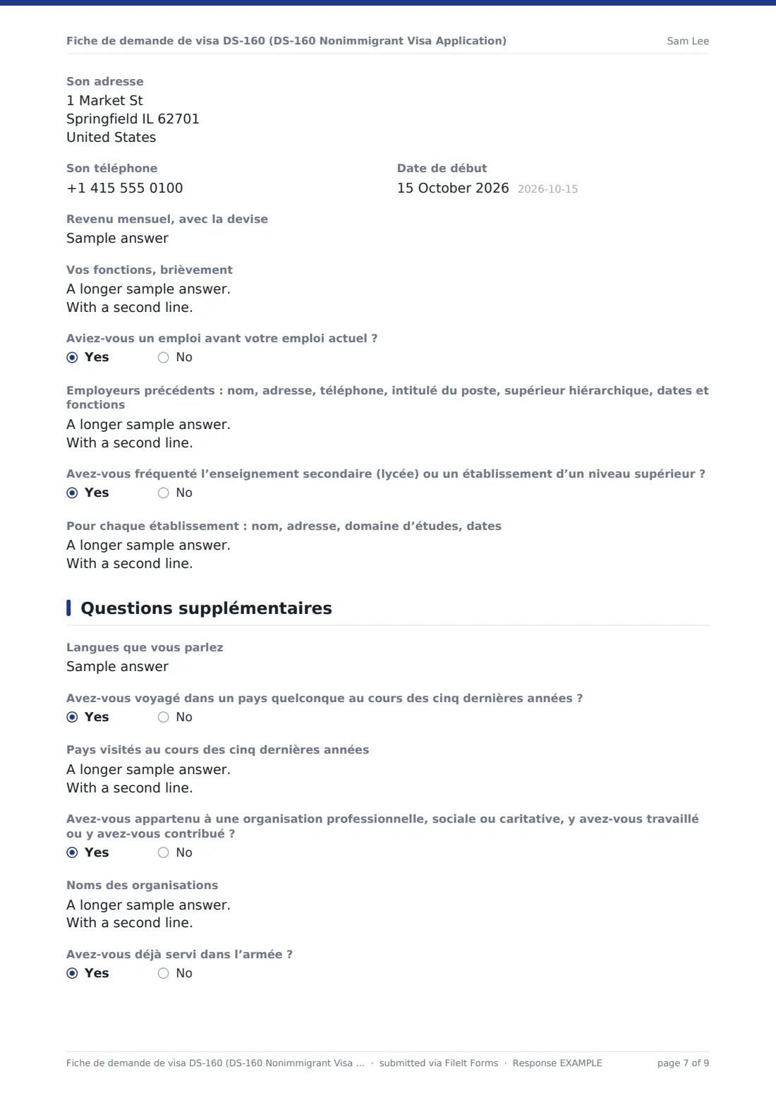 Fiche de demande de visa DS-160 (DS-160 Nonimmigrant Visa Application) — exemple de réponse au format PDF, page 7 sur 9