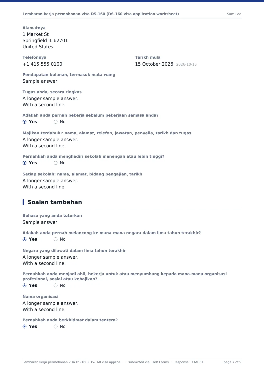 Lembaran kerja permohonan visa DS-160 (DS-160 visa application worksheet) — PDF respons contoh, halaman 7 daripada 9