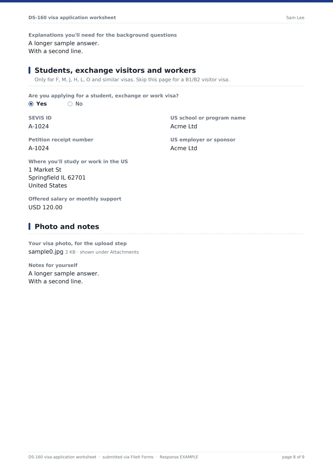 DS-160 visa application worksheet — example response PDF, page 8 of 9