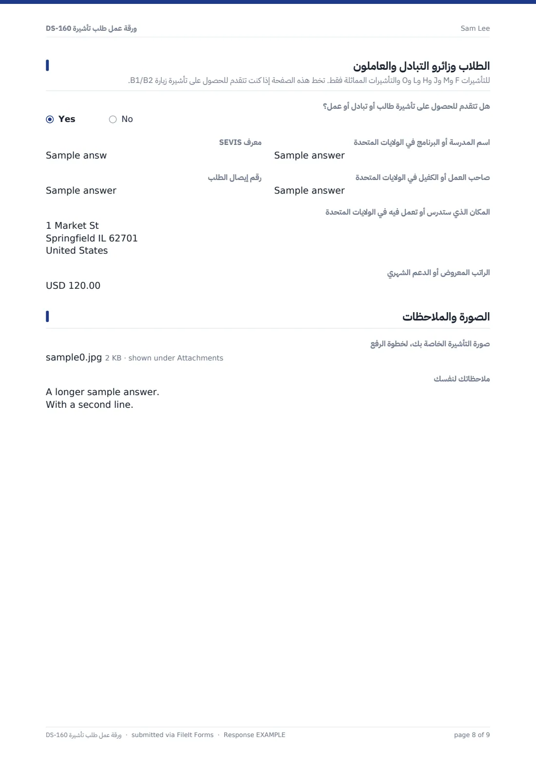 ورقة عمل طلب تأشيرة DS-160 — ملف PDF لرد نموذجي، الصفحة 8 من 9