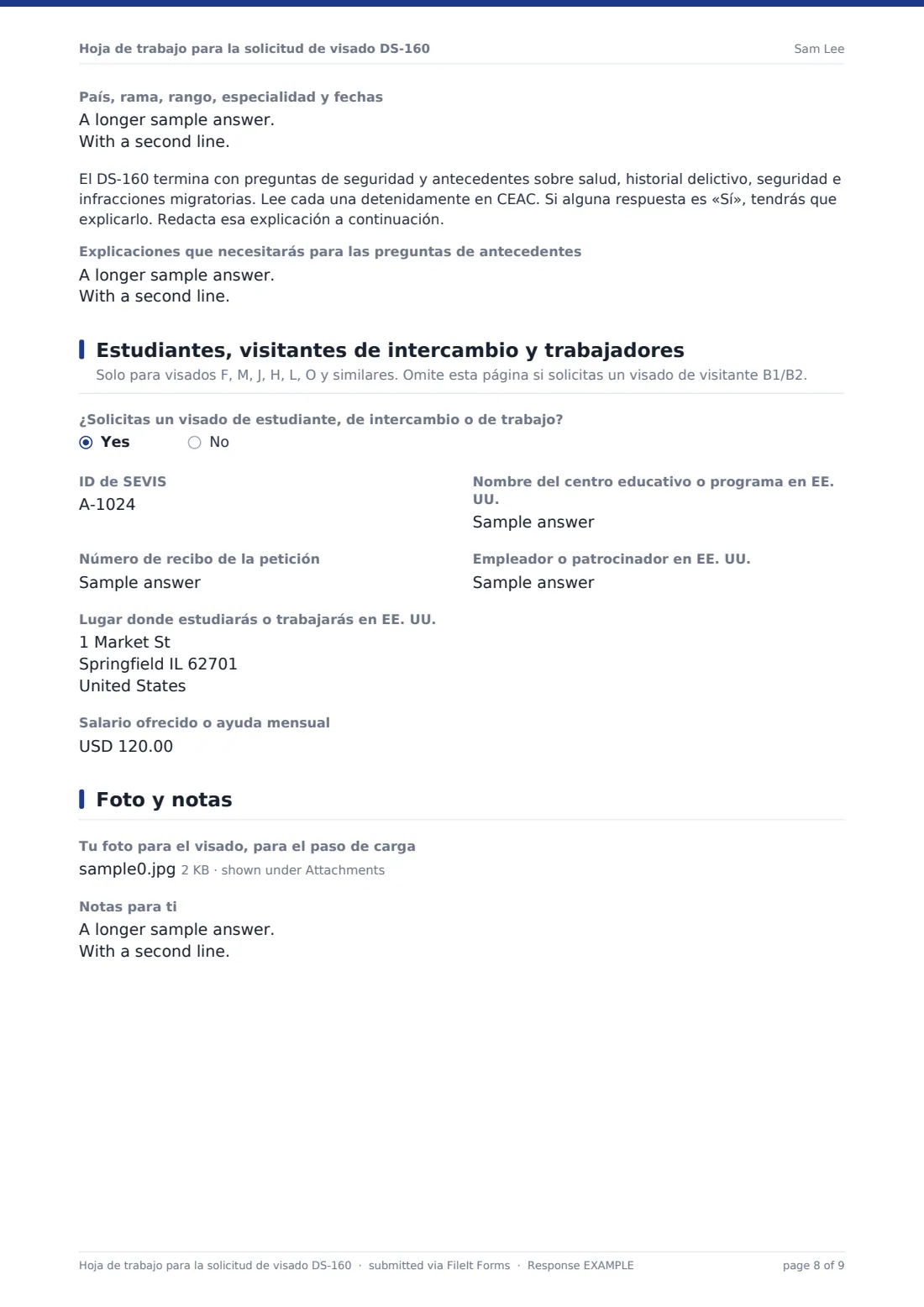 Hoja de trabajo para la solicitud de visado DS-160 — PDF de respuesta de ejemplo, página 8 de 9