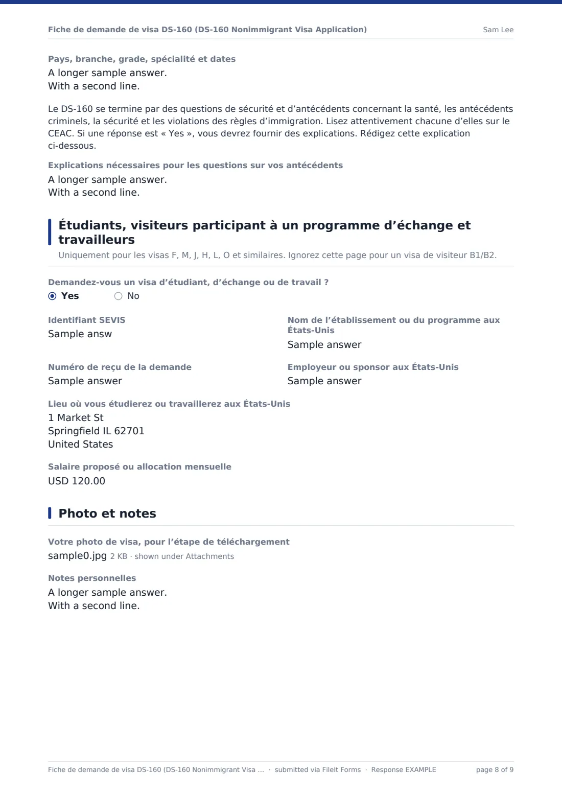 Fiche de demande de visa DS-160 (DS-160 Nonimmigrant Visa Application) — exemple de réponse au format PDF, page 8 sur 9