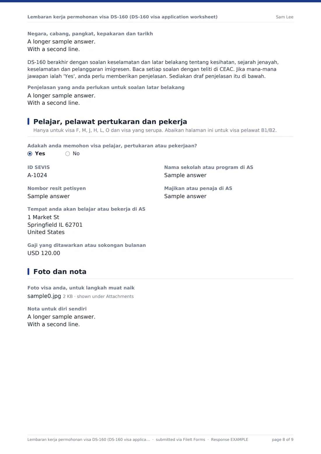 Lembaran kerja permohonan visa DS-160 (DS-160 visa application worksheet) — PDF respons contoh, halaman 8 daripada 9