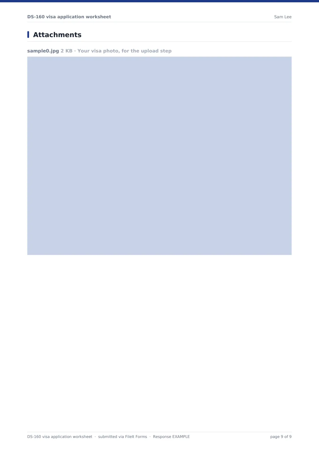 DS-160 visa application worksheet — example response PDF, page 9 of 9