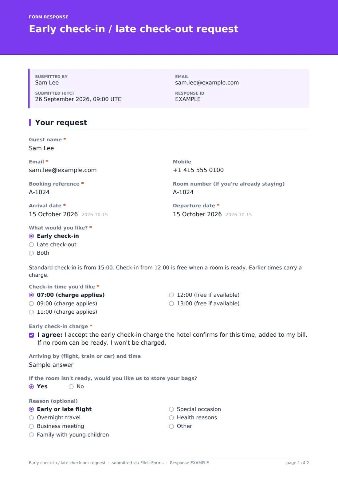 Early check-in / late check-out request — example response PDF, page 1 of 2