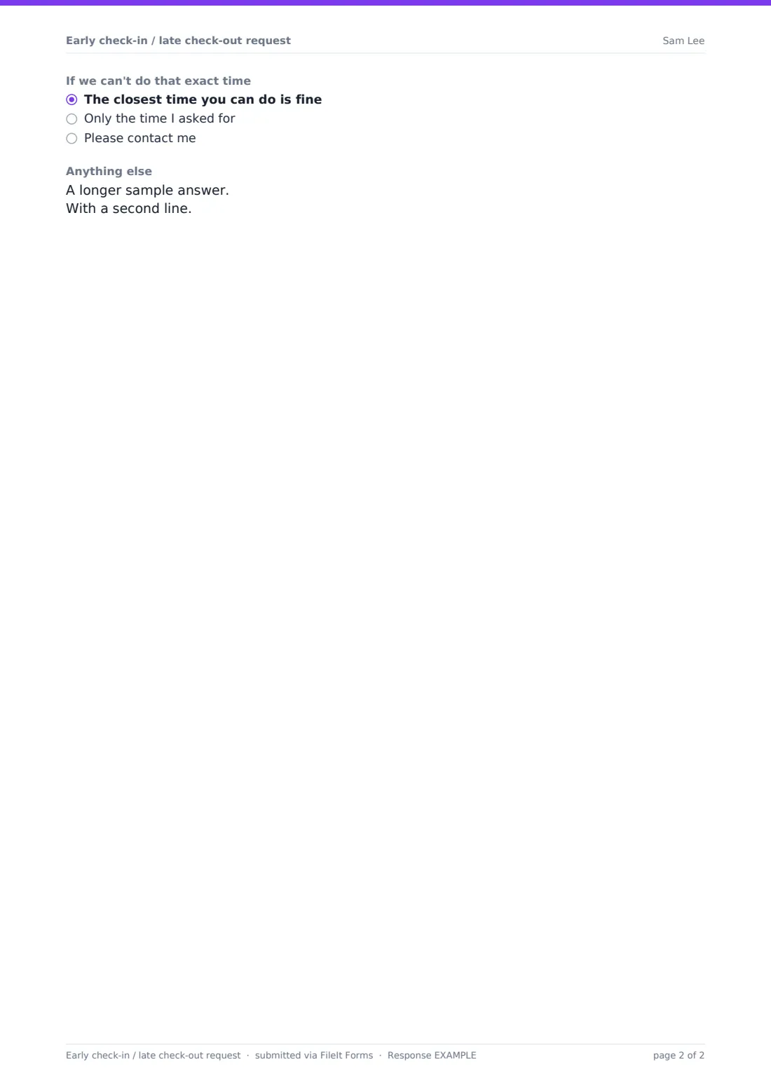 Early check-in / late check-out request — example response PDF, page 2 of 2
