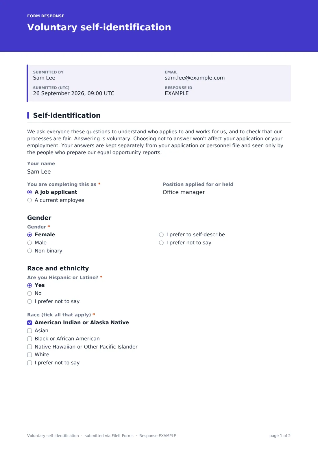 Voluntary self-identification — example response PDF, page 1 of 2