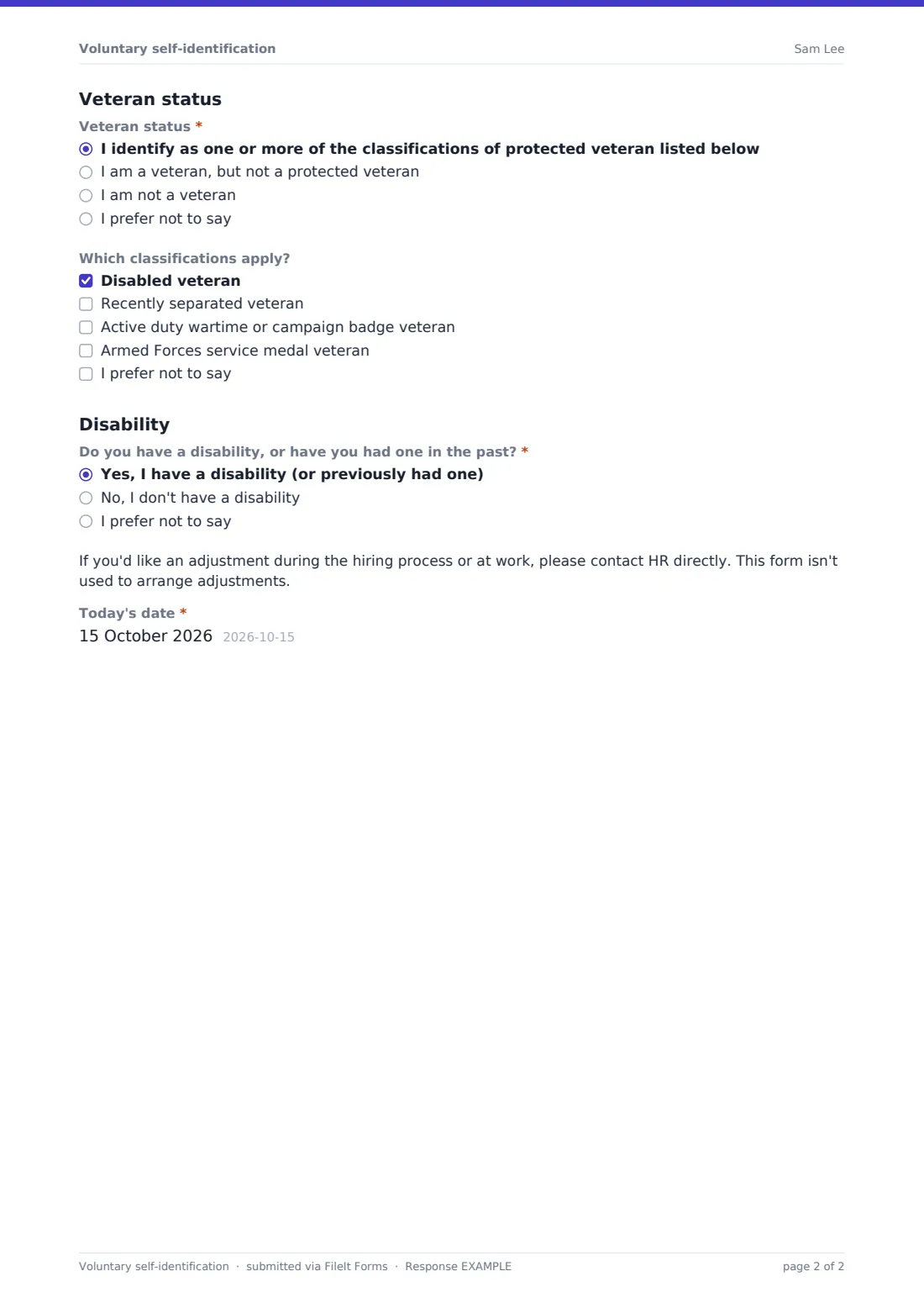 Voluntary self-identification — example response PDF, page 2 of 2