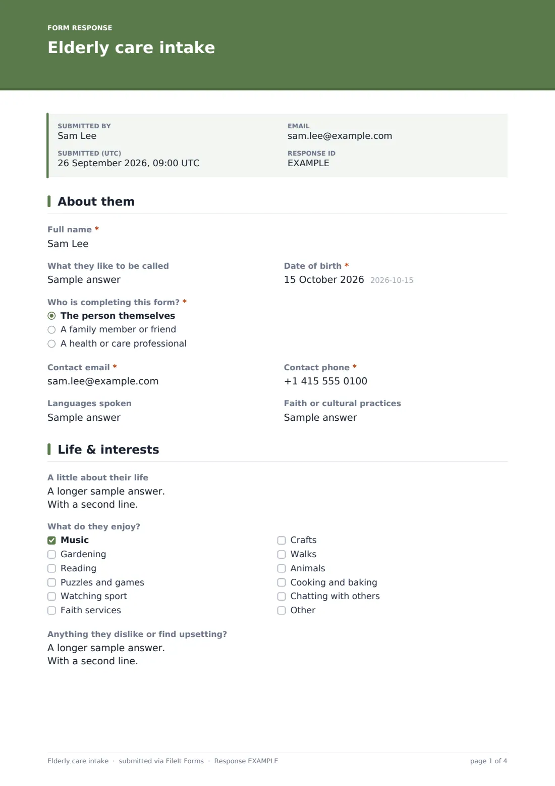 Elderly care intake — example response PDF, page 1 of 4