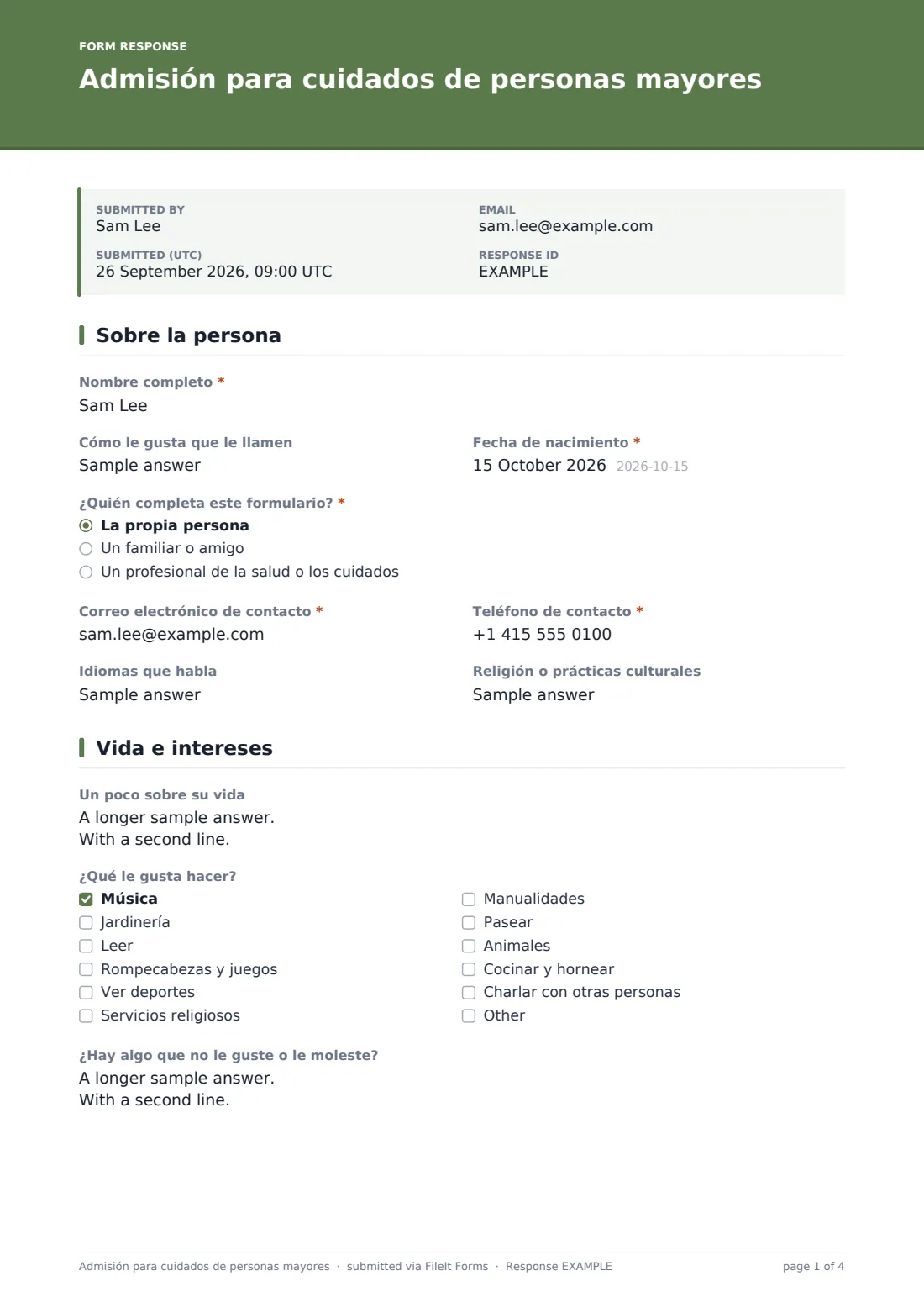 Admisión para cuidados de personas mayores — PDF de respuesta de ejemplo, página 1 de 4