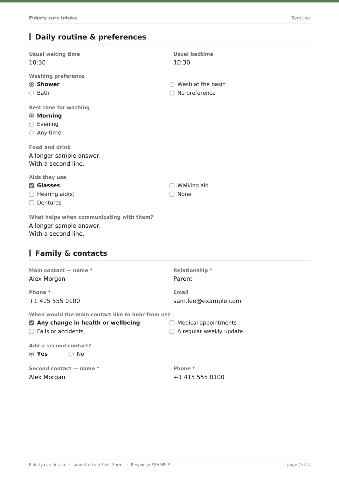 Elderly care intake — example response PDF, page 2 of 4