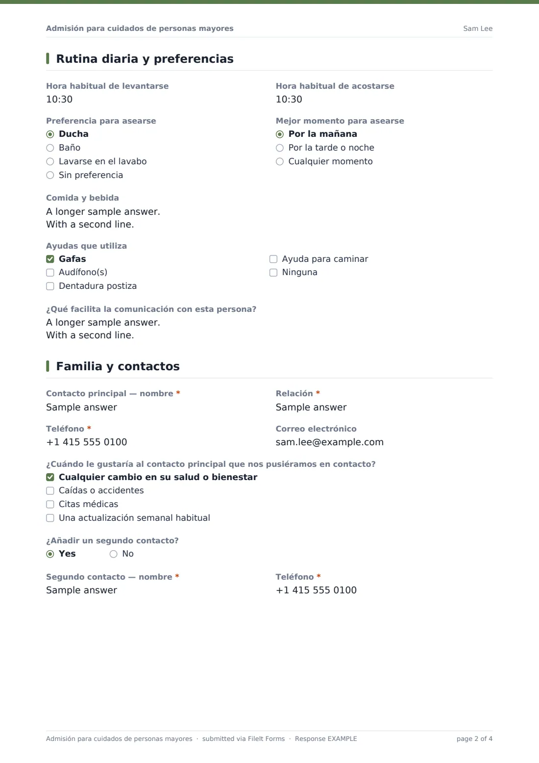 Admisión para cuidados de personas mayores — PDF de respuesta de ejemplo, página 2 de 4