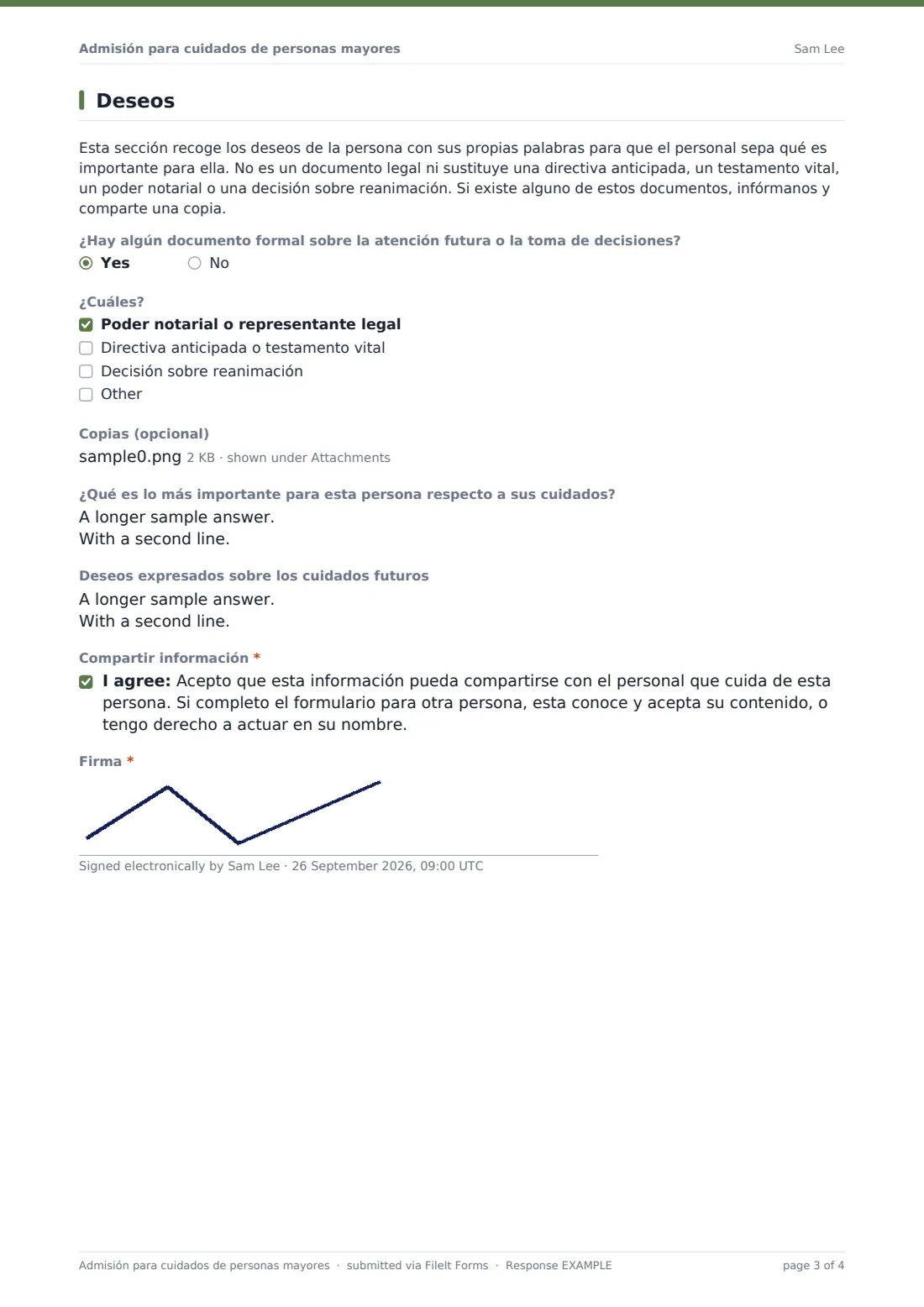 Admisión para cuidados de personas mayores — PDF de respuesta de ejemplo, página 3 de 4