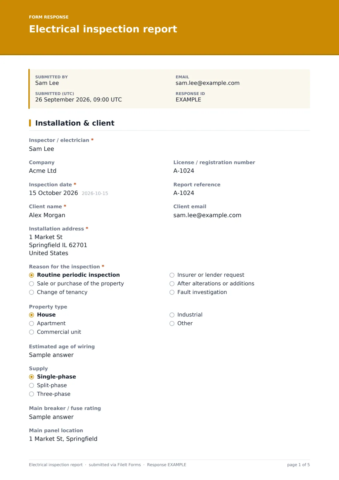Electrical inspection report — example response PDF, page 1 of 5
