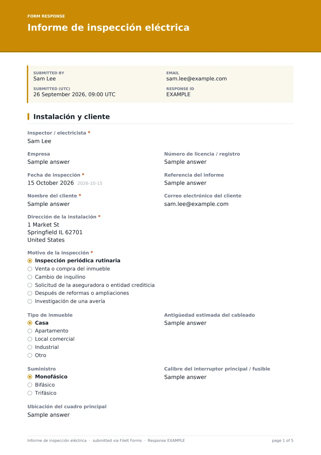 Informe de inspección eléctrica — PDF de respuesta de ejemplo, página 1 de 5