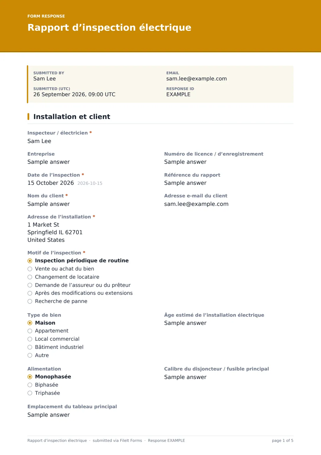 Rapport d’inspection électrique — exemple de réponse au format PDF, page 1 sur 5